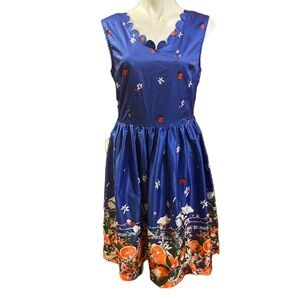 Lindy Bop Blue Sleeveless Dress with floral and oranges print